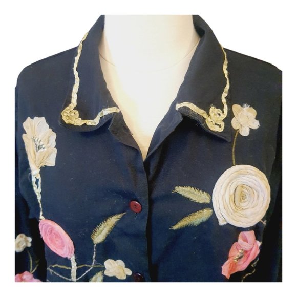 3D Embroidered Shirt Jacket Black Floral Vtg Y2K Tantrums Collection Art to Wear - Picture 2 of 13